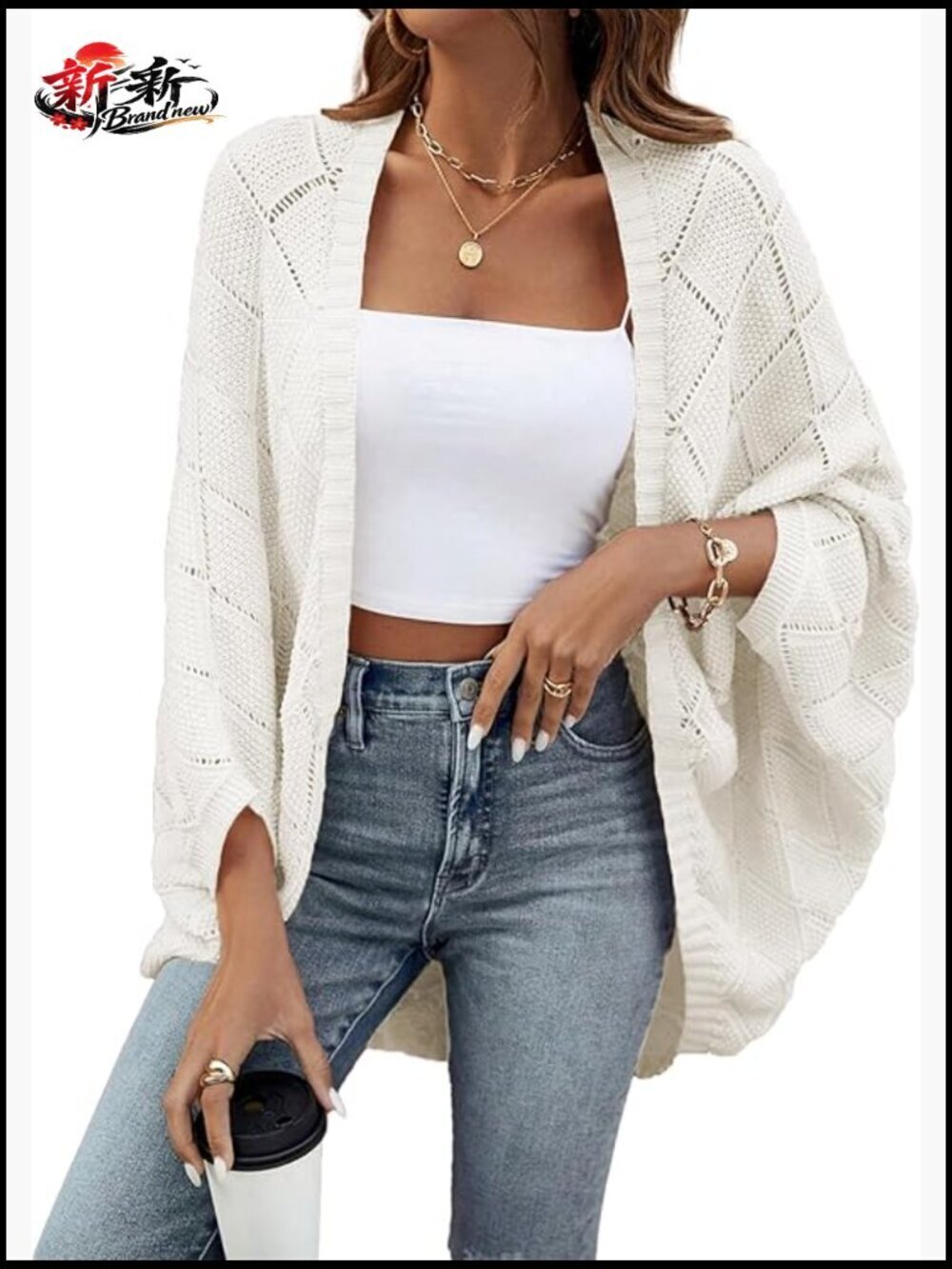 Crochet Oversized Cardigan Sweater Hollow Out Long Batwing Sleeve Shrug